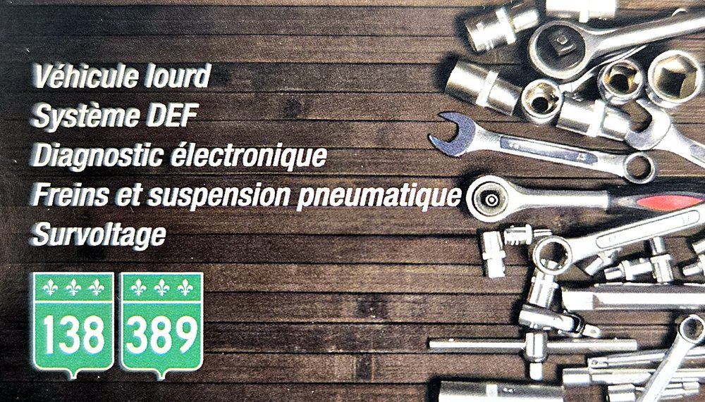 Verso de la carte : véhicule lourd, système DEF, diagnostic électronique, freins et suspension pneumatique, survoltage, routes 138 et 389